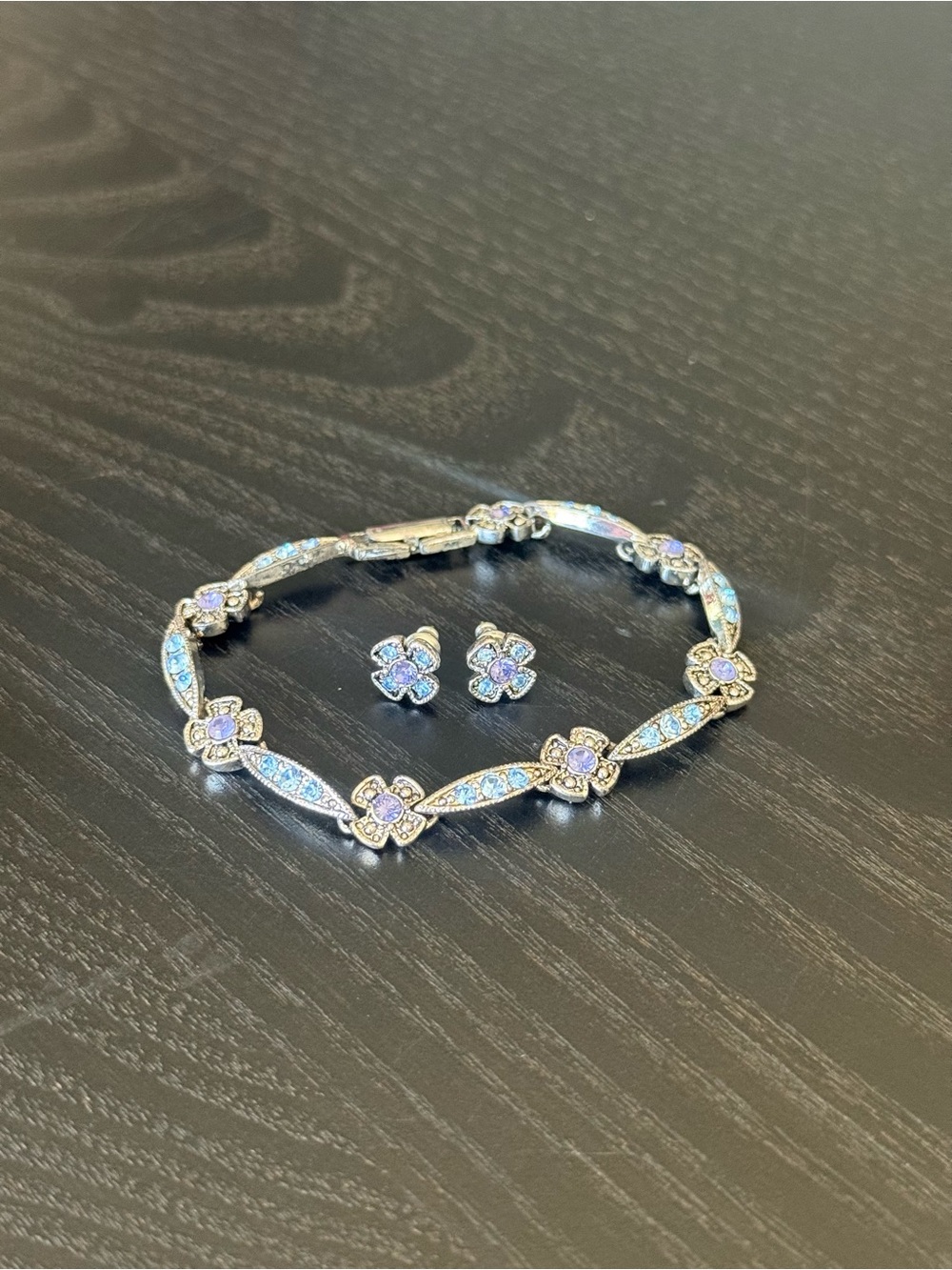 Silver Floral Bracelet and Stud Earrings Set - Lavender & Light blue sparkles.